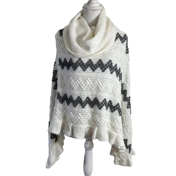 Cream and Gray Poncho Sweater Striped Dotted Embroidery Cowl Neck Knit Top - Picture 1 of 5